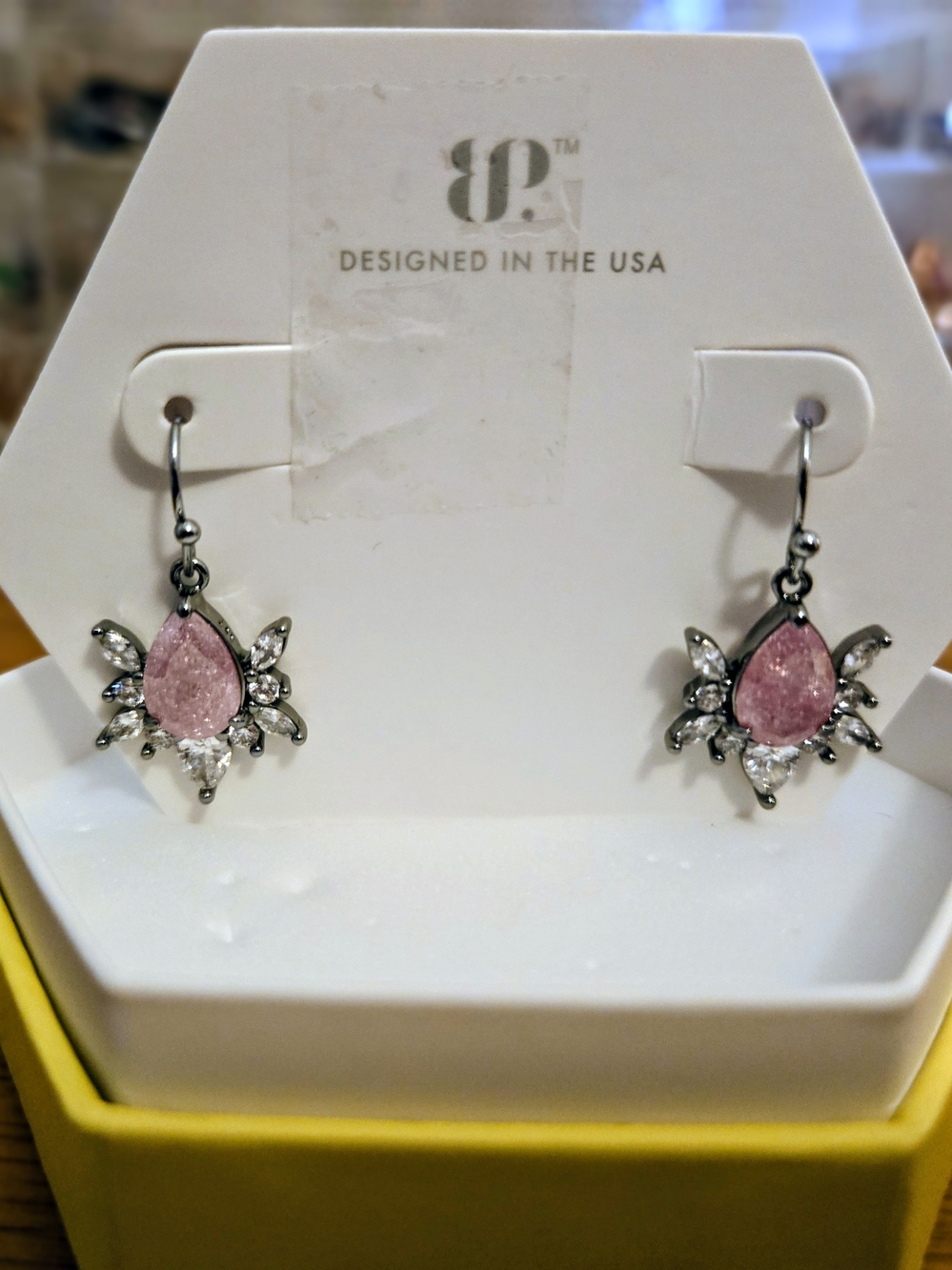 bp Pink Teardrop Crystal Drop Earrings with Clear Accents
